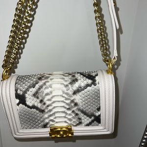 WHITE GOLD SILVER SNAKESKIN ANIMAL PRINT HANDBAG CHAIN PURSE PYTHON GREY BLACK